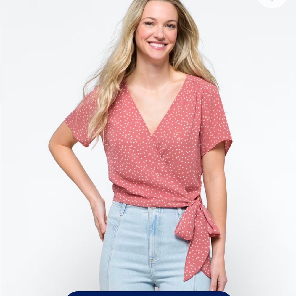 Lush Pink Faux Wrap Cropped Blouse